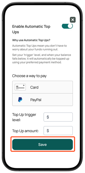 Parent App Screenshots save auto top ups